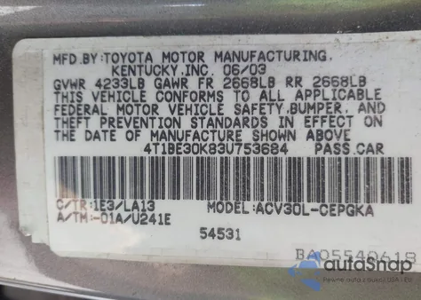 2003 Toyota Camry Xle from USA, damaged, VIN 4T1BE30K83U753684